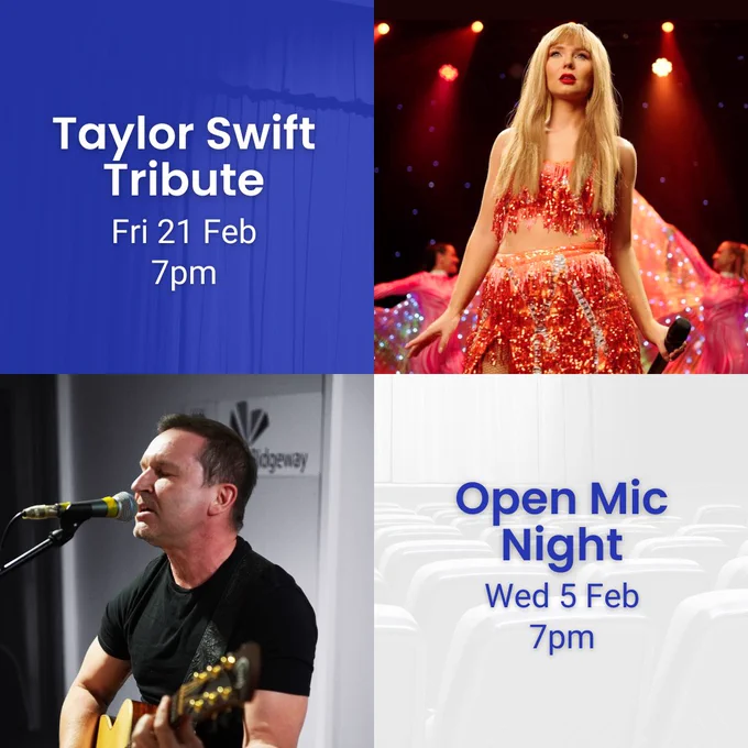 Text reads: "Taylor Swift Tribute, Fri 21 Feb 7pm." Xenna on stage under dramatic red lighting, performing and bringing Taylor Swift's iconic songs to life.

Text reads: "Open Mic Night, Wed 5 Feb 7pm." Person performing on stage at The Beacon, playing guitar and singing.