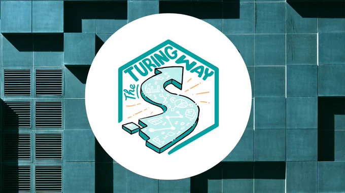 The Turing Way logo, an abstract teal background