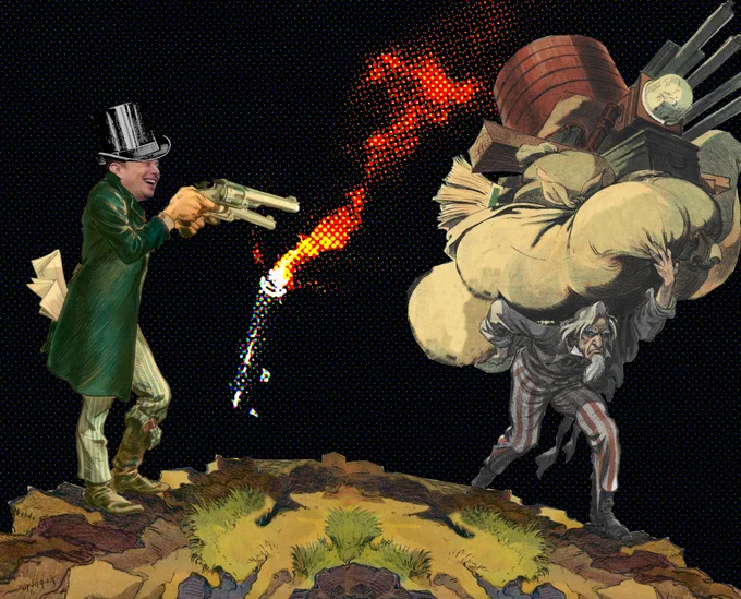 
A highwayman in a tailcoat and top-hat with Elon Musk's laughing face points a pair of oversized revolvers at a bent-double Uncle Sam, his face a bitter mask; Sam is being crushed under a small mountain of variegated fardels, e.g., large sacks, barrels, and railroad rails. In the background is a halftoned image of a Falcon Heavy rocket plummeting out of the sky, chased by a plume of flame.


Image:
Steve Jurvetson (modified)
https://www.flickr.com/photos/jurvetson/52005460639/

CC BY 2.0
https://creativecommons.org/licenses/by/2.0/