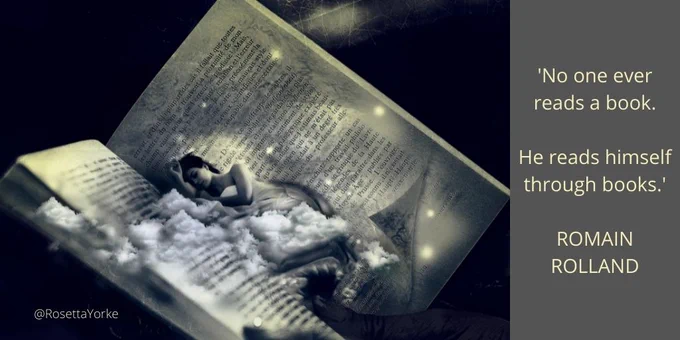 A woman sleeping in the centre of an open book, wrapped in white wispy clouds, surrounded by stars, and with a black monster's arm reaching out from beneath the curling page's corner towards her.