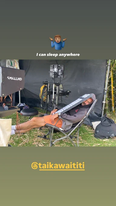 Picture of Taika Waititi laying in a chair sleeping with a board on top of him. The text says "I can sleep anywhere"