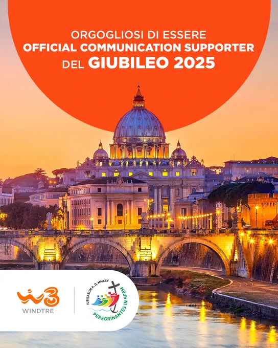 Testo: orgogliosi di essere Official Communication supporter del giubileo 2025.  Logo WIND TRE e giubileo 2025. Immagine: foto della basilica di San Pietro a Roma sul Tevere al tramonto