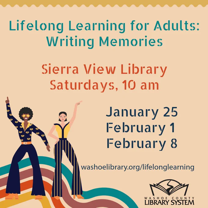 The widget includes illustrations of disco dancers dressed in 70s clothing. The text reads "Lifelong Learning for Adults: Writing Memories. Sierra View Library, Saturdays, 10 am. January 25, February 1, February 8. washoelibrary.org/lifelonglearning."