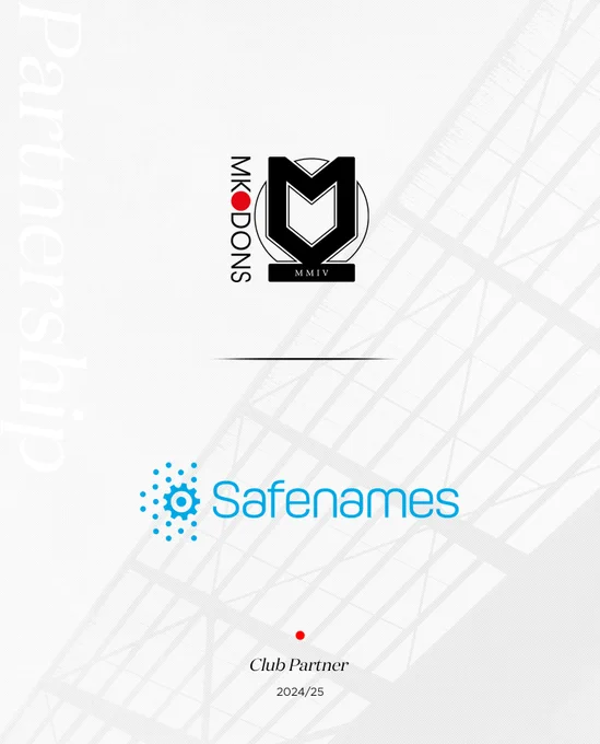 Partnership graphic featuring the Safenames and MK Dons logos on a white background.