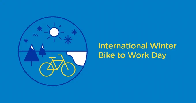 Circle with bike and snowflakes. Text reads "Internaitonal Winter Bike to Work Day"