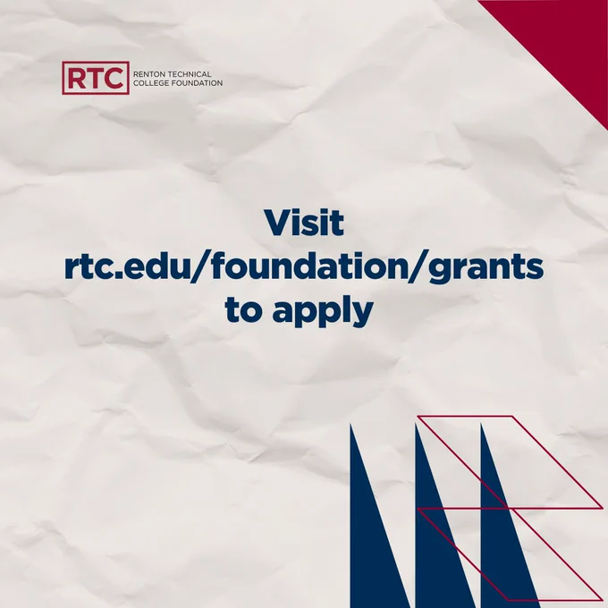 Promotional graphic for Renton Technical College Foundation, featuring a crumpled paper background with the text 'Visit rtc.edu/foundation/grants to apply' over the logo of Renton Technical College.