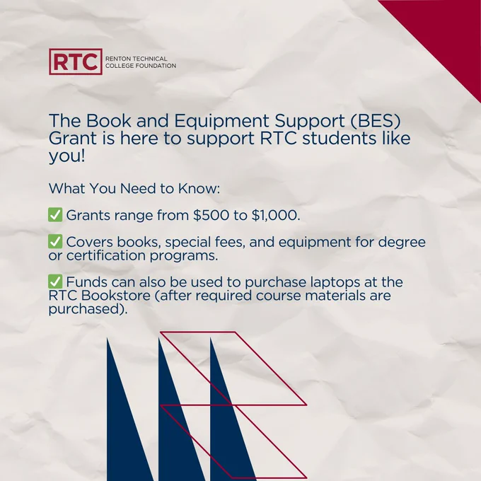 Promotional graphic for RTC Foundation Scholarship, detailing support for students with grants ranging from $500 to $1,000 for books, special fees, and equipment for certification programs. Includes a graphic of a red and blue abstract design on a white background with the RTC logo at the top.
