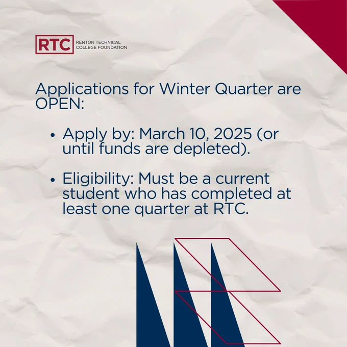Promotional graphic for Renton Technical College. Text announces that applications for Winter Quarter are open, with a deadline of March 10, 2025. Eligibility requires current student status at RTC. The graphic features an abstract design of overlapping triangles in shades of blue on a background divided diagonally into white and maroon sections.
