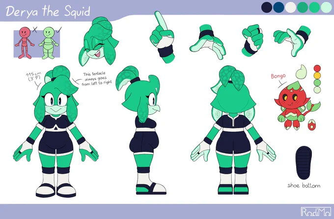 Reference sheet of Derya the Squid, showing a front, side and back view of her, a front view of her pet Chao, a facial expression showing the colors of her eyelids and the inside of her mouth, four different hand gestures, and a view of the bottom of her shoe.

Text in the reference sheet:
- 115cm (3'9")
- This tentacle always goes from left to right
- Bongo
- Shoe bottom