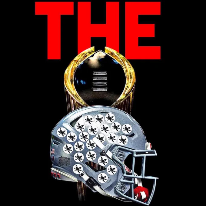 Graphic not our own: OSU football helmet in front of the National Championship trophy under the word THE