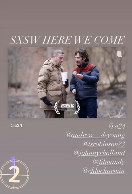 Grey/Beige back gr4ound with two people standing looking at their hands. Text says SXSW HERE WE COME. Several instagram handles are tagged.