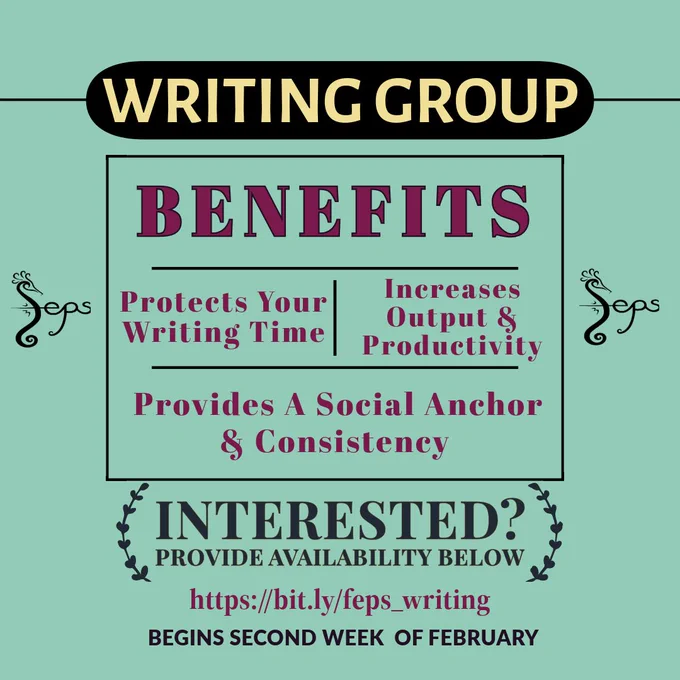 Writing group
Benefits:
Protects your writing time
Increases output and productivity
Provides a social anchor and consistency
Interested? Provide availability below
https://bit.ly/feps_writing
Begins second week of February