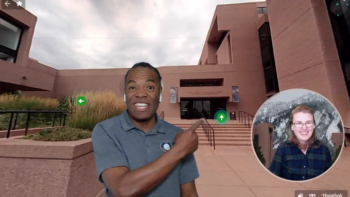 Two educators virtually standing in front of the Mesa Lab during a 360° virtual tour.