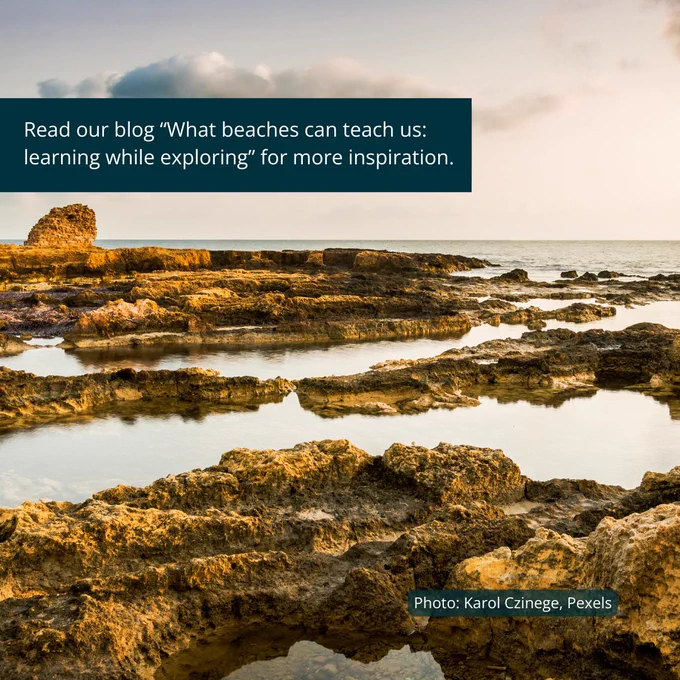 A number of rockpools at golden hour. The caption recommends: "Read our blog 'What beaches can teach us: learning while exploring' for more inspiration."