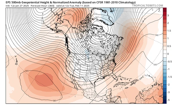 Latest ECMWF ensemble average GPH anomaly prediction for mid-Feb. It depicts the re-emergence of a large ridge west of the West Coast, continuing a dry pattern for at least southern CA.