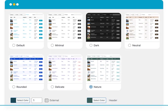 A selection of 7 pre-designed table templates from Posts Table Pro, displayed in a browser-like interface. Templates include Default, Minimal, Dark, Neutral, Rounded, Delicate, and Nature, showcasing various table styles for WordPress websites. Each template displays a sample table with columns like Category, Title, Date, and Author, along with a 'View' button. Below the templates are options to customize the table's color and header."