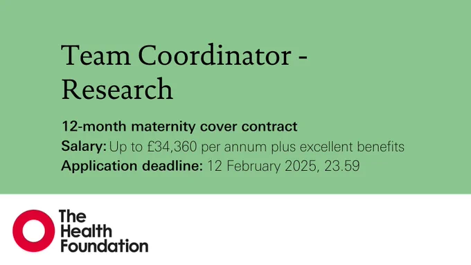 Team Coordinator - Research

12-month maternity cover contract
Salary: Up to £34,360 per annum plus excellent benefits
Application deadline: 12 February 2025, 23.59