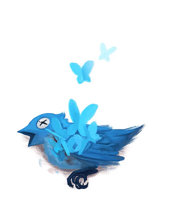 El pájaro de Twitter muerto en el suelo mientras de él salen mariposas azules que se elevan hacia el cielo