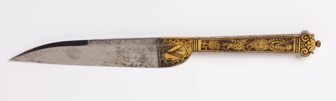 A steel knife with a coat of arms on the handle, c.1550 https://collections.vam.ac.uk/item/O109908/knife-unknown/ © Victoria and Albert Museum, London, 2024