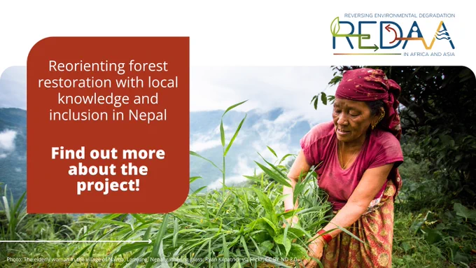 Graphic card of text over and image of an elderly woman cutting grass in Nepal. Words read 'Reorienting forest restoration with local knowledge and inclusion in Nepal. Find out more about the project!'.
