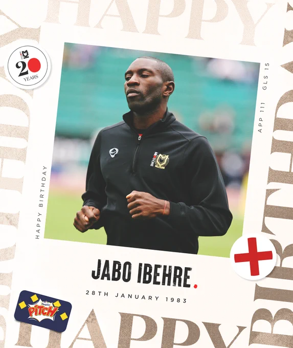 Happy Birthday graphic for former MK Dons forward Jabo Ibehre, 28th Jan 1983.