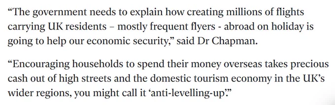 Text reads The government needs to explain how creating millions of flights carrying UK residents – mostly frequent flyers - abroad on holiday is going to help our economic security, said Dr Chapman. Encouraging households to spend their money overseas takes precious cash out of high streets and the domestic tourism economy in the UK’s wider regions, you might call it ‘anti-levelling-up’.