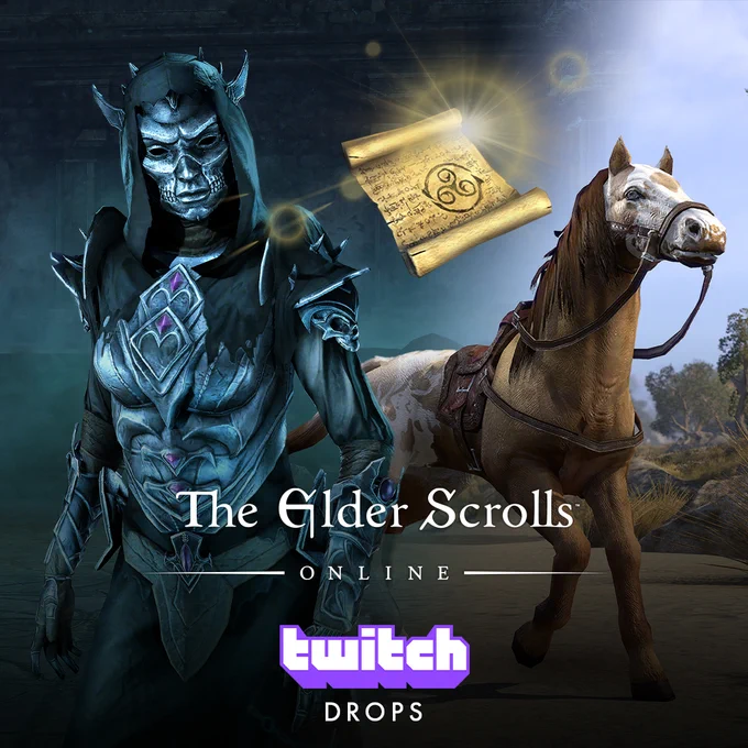 The graphic shows three items available for Twitch Drops through Twitch Drops Fest 2025: the Grim Harvester Costume, Experience Scrolls, and the Sungold Bay Thoroughbred Mount