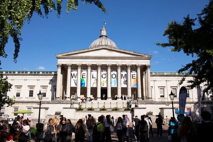 UCL Portico with a Welcome banner on a sunny day 