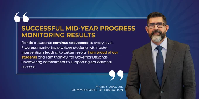 Commissioner Manny Diaz, Jr. on a blue background with text.
