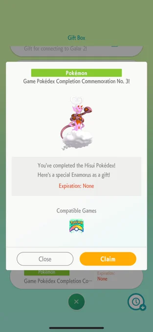 Shiny Enamorus reward in Pokemon HOME for completing the Hisui Legends Arceus Pokédex
