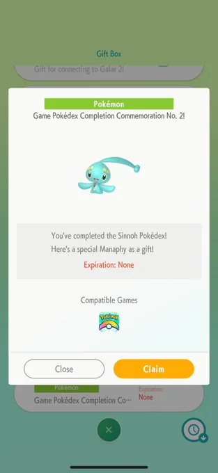 Shiny Manaphy reward in Pokemon HOME for completing the Sinnoh BDSP Pokédex