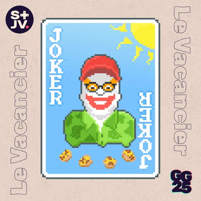 Faux joker du jeu Balatro : le vacancier. Sur fond bleu, avec un grand soleil jaune, un joker portant une casquette rouge, des lunettes de piscine oranges et une chemise verte présente les cookies qu'il a ramené de vacances.