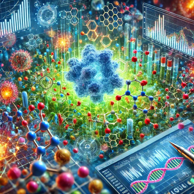 Image generated by ChatGPT on cellular metabolism and high throughput metabolomics. It visually illustrates the complexity of molecular pathways and the advanced technology used in metabolite analysis.