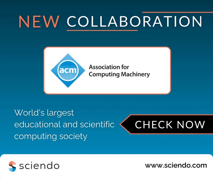 New collaboration with ACM, the largest educational and scientific computing society, featuring Sciendo branding and a "Check Now" button.