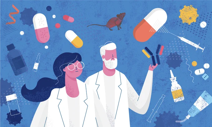 Illustration of two clinicians in lab coats surrounded by various medical and scientific elements like pills, test tubes and a DNA strand, symbolizing the clinical applications of translational laboratory research.