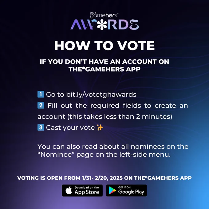 Instructions on "How to Vote" for the 2025 gameHERs Awards. It explains the voting process for users who do not have an account on the gameHERs app. The text outlines steps to visit the voting website, create an account, and cast a vote. The graphic includes app store icons for downloading the gameHERs app and specifies the voting period as January 31 to February 20, 2025.