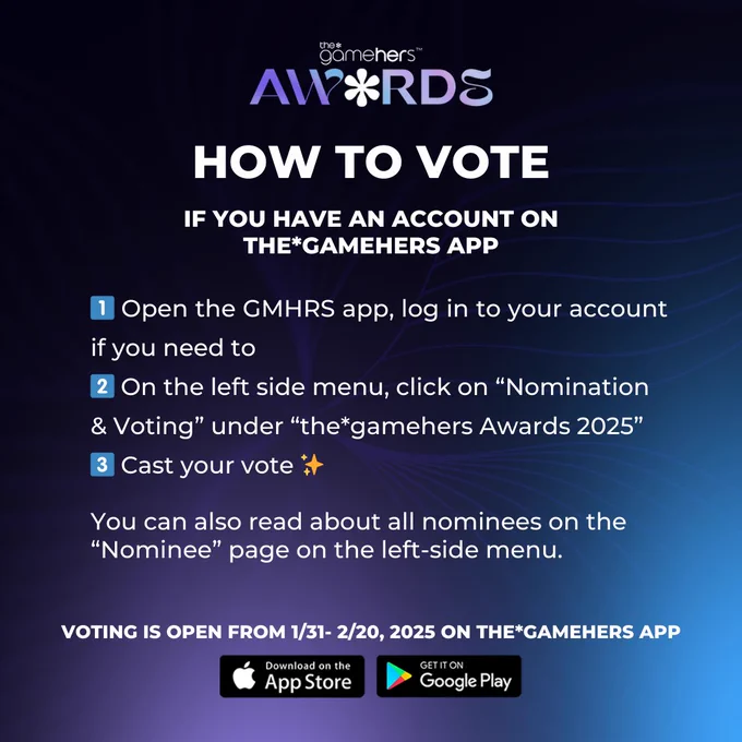 Instructions on "How to Vote" for the 2025 gameHERs Awards for users with an existing account. It explains how to log in, navigate to the "Nomination & Voting" section, and cast a vote. The text includes app store icons and mentions that users can read about nominees on the "Nominee" page. The voting period is January 31 to February 20, 2025.