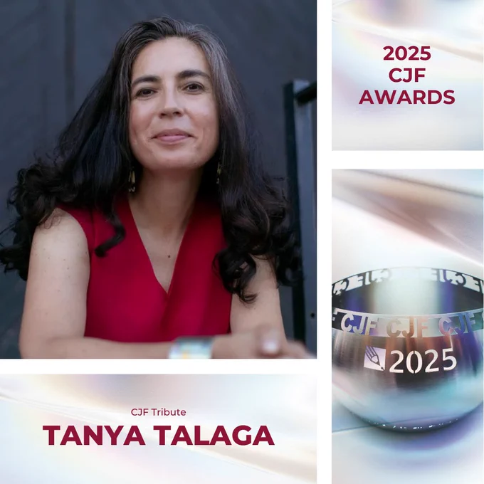A collage featuring the Canadian Journalism Foundation Awards prize bowl and a photograph of Tanya Talaga, who will be honoured with the CJF Tribute at the 2025 CJF Awards. 