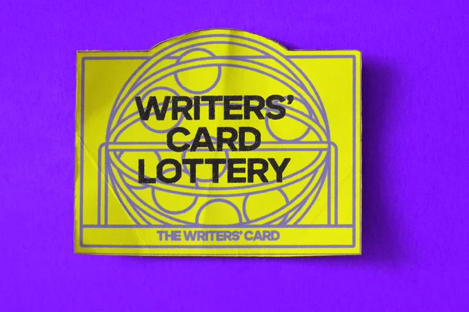 Graphic for the Writers' Card Lottery. A yellow card reading 'Writers' Card Lottery, The Writers' Card' is on a purple background.