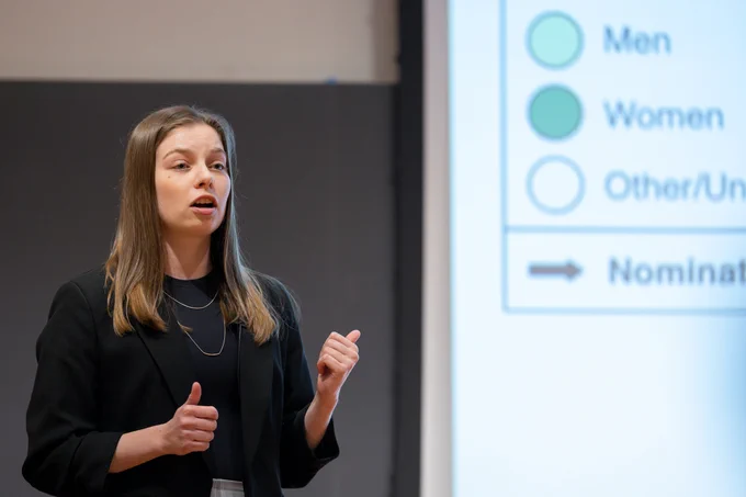 Doctoral candidate Megan Sundstrom presents her winning Three Minute Thesis at the 2024 3MT.