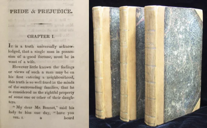 Image of first page of 1813 Pride and Prejudice and photo of this edition's 3-volume set.