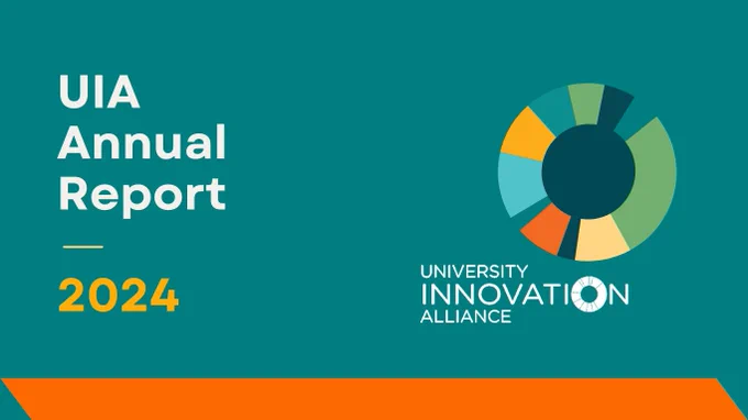 Graphic for the UIA Annual Report 2024, featuring the logo of the University Innovation Alliance on a teal and orange background.