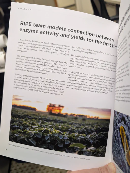 A magazine is open to a page with the headline RIPE team models connection between enzyme activity and yields for the first time. Then there is text in the middle of the page and the bottom of the page is a picture of a soybean field at dusk.