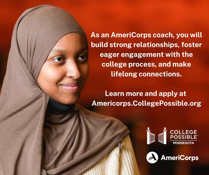 Image featuring a smiling individual in a hijab against a red background, along with text encouraging AmeriCorps coaching for college engagement. Logos of College Possible and AmeriCorps included.