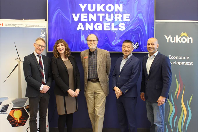 The Government of Yukon and the Canadian Northern Economic Development Agency announced a joint funding agreement with the Yukon Venture Angels at Yukonstruct on Monday, January 27, 2025.
From left to right: Dr. Brendan Hanley (Member of Parliament for the Yukon), Ceara Crawford (Yukon Venture Angels CEO), Barrett Horne (Yukon Venture Angels Board of Directors), Dylan Soo (Yukon Venture Angels Board of Directors), and Ranj Pillai (Premier and Minister of Economic Development).