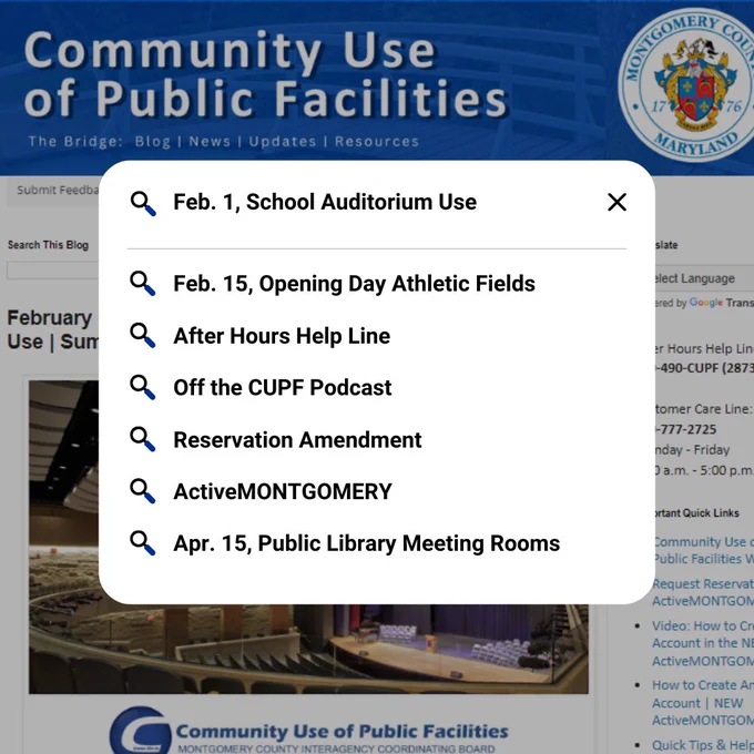 Screenshot of CUPF Bridge with a search bar display showing various topics of interest