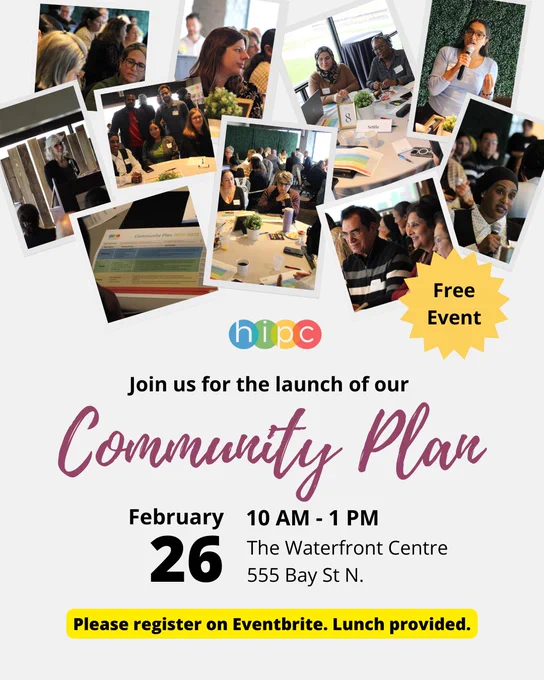 Invitation for HIPC's Annual event featuring the launch of our new community plan. Collage of photos featured at top of page. HIPC logo and multicoloured text featured in centre. 