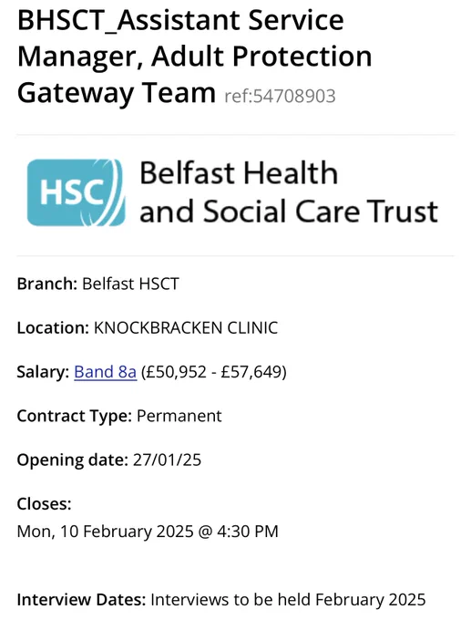 The image is a screenshot of a Belfast Trust job advertisement on HSC Recruit. The job is for an Assistant Service Manager in the Adult Protection Gateway Team. The advert closes on 10 February 2025.