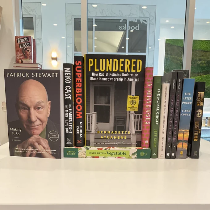 Patrick Stewart’s “Making It So: a Memoir”; Neko Case’s “The Harder I Fight The More I Love You”; Nicholas Carr’s “Superbloom”; Bernadette Atuahene’s “Plundered: How Racist Policies Undermine Black Homeownership in America”; “Ten Indian Classics”; Jeff Sebo’s “The Moral Circle”; Peter Beinart’s “Being Jewish After the Destruction of Gaza”; Dr. Elly McCausland’s “Stars Around My Scars”; Jared Cohen’s “Life After Power”; and Douglas Preston’s “The Lost Tomb”.
