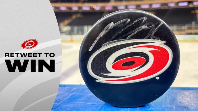 Photo of a Mikko Rantanen signed puck promoting a retweet to win contest 